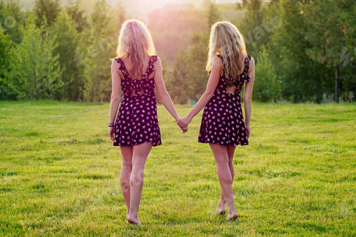 Preview: two sisters twins beautiful curly blonde happy young toothy smile women