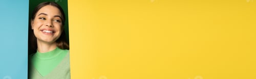 Preview: Positive teen girl posing on colorful background with copy space, banner