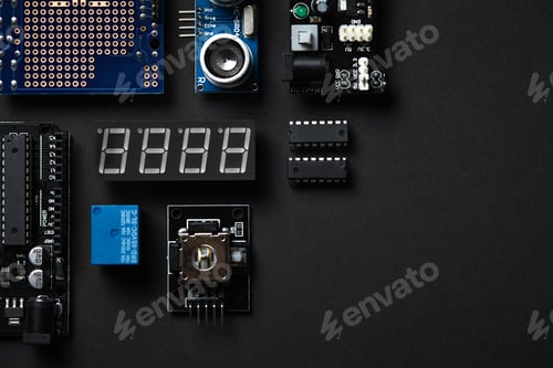 Preview: Overhead Flat Lay Shot Of Electronic Computer Components On Black Background