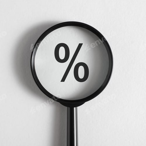 Preview: Interest rate size, financial concept. Close-up magnifying glass focused on Percentage