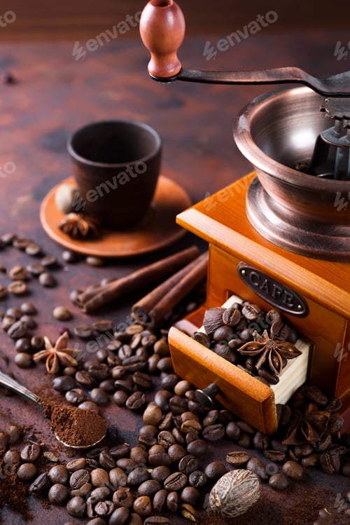 Preview: still life of coffee beans with coffee grinder