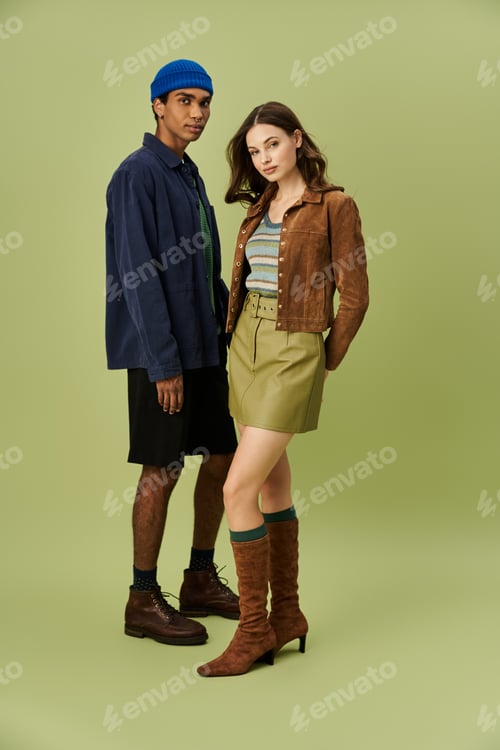Preview: Vibrant autumn styles embraced by a fashionable couple in a serene indoor setting