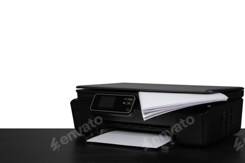 Preview: Laser home printer on table against white backgorund