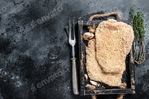 Preview: Homemade German Wiener Raw schnitzel in a wooden tray. Black background. Top view. Copy space