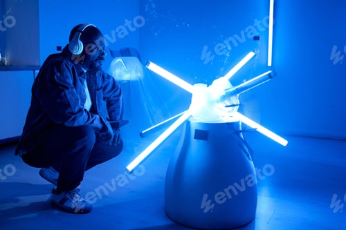 Preview: Man Interacting with Futuristic Light Technology in Room