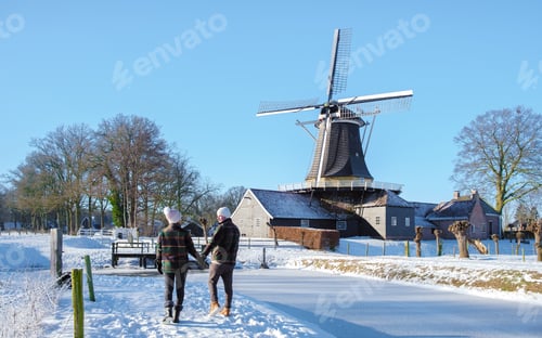 Preview: A Couple of men and women walking in the snow during a cold winter day in the Netherlands