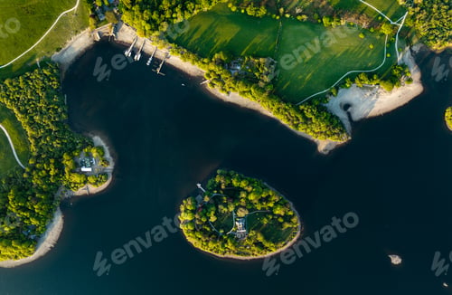 Preview: Aerial view directly above of Derwent Isle and Jetty on Derwent Water lake in the Lake District