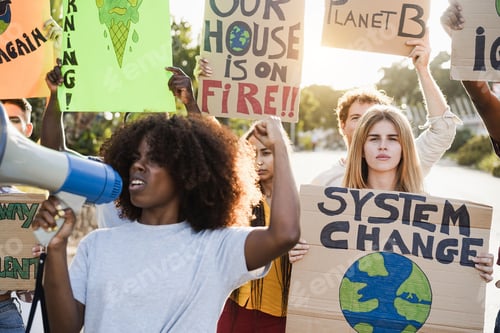 Preview: Young group of demonstrators on road from different culture and race protest for climate change
