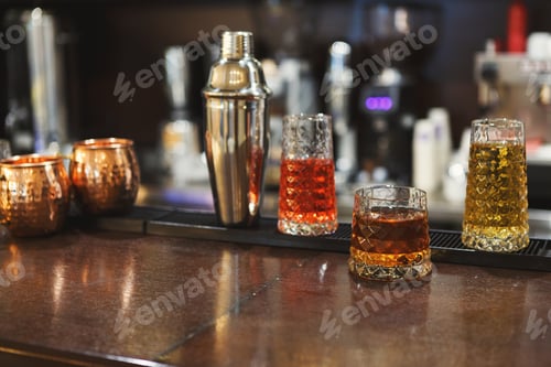 Preview: Creative alcoholic cocktails assortment on bar