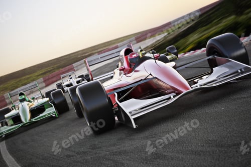 Preview: Red race car close up front view on a track leading the pack with motion Blur