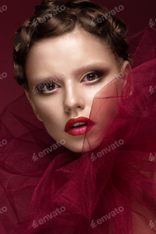 Preview: Beautiful girl with art creative make-up in image of red bride for Halloween. Beauty face.