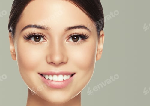 Preview: Eyes lashes woman face close up natural make up healthy skin. Color background.