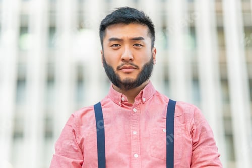 Preview: Close up portrait of a serious asian man outside