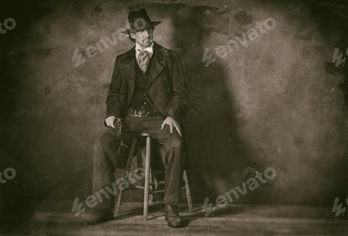 Preview: Classic Wet Plate Photo Of Vintage 1900 Western Mature Man With Revolver Sitting On Wooden Stool.