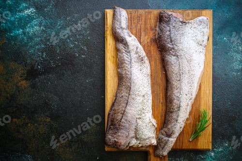 Preview: Hake Fish Raw Fillet Seafood On The Table Cooking Meal Snack Outdoor Top View Copy Space For Text