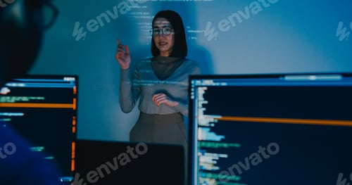 Preview: Female software developer mentor leader manager talk strategy plan to executive write prompt.