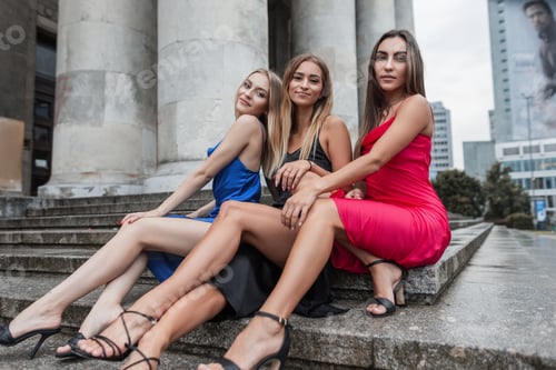 Preview: Three fashion beautiful chic girlfriends walk together
