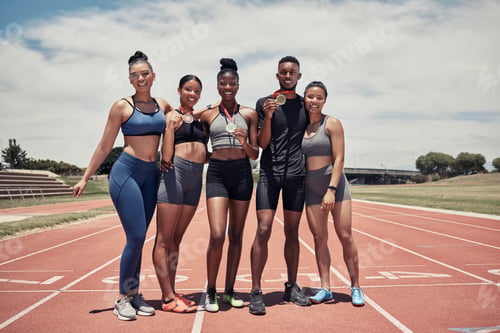 Preview: Champion, group and runner, winner and medal for running and fitness outdoor, race track and athlet