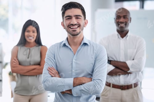 Preview: Leadership, partnership and business people collaboration in office by proud leader with vision for