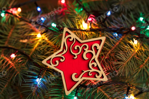 Preview: Christmas Background With Xmas Tree And Sparkle Bokeh Lights On Wooden Canvas Background. Merry