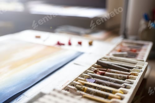 Preview: Pastel Set and Drawing on Art Studio Table