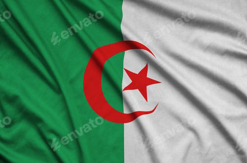 Preview: Algeria flag is depicted on a sports cloth fabric with many folds. Sport team waving banner