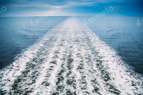 Preview: Sea. Water Ocean Waves Trails From Floating Ship Or Ferry Boat. Top View.Sea. Water Ocean Waves