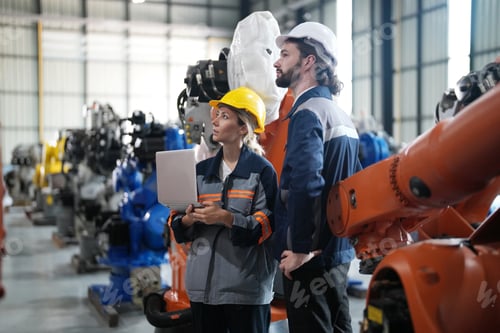 Preview: Engineer explaining to controlling robotic welding process to welder in factory.