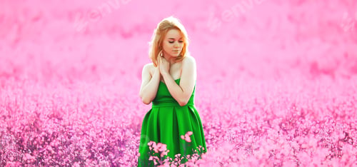 Preview: Girl In A Field Of Lilac Flowers In Lavender Colors, Violet And Pink Landscape, Happy And Harmony