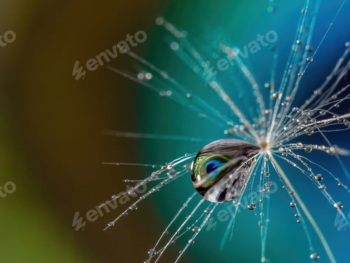 Preview: Macro blob with peacock feather reflection. Dandelion fluff covered with dew.