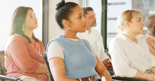 Preview: Conference, audience and tablet of business people in presentation, workshop or seminar for trainin