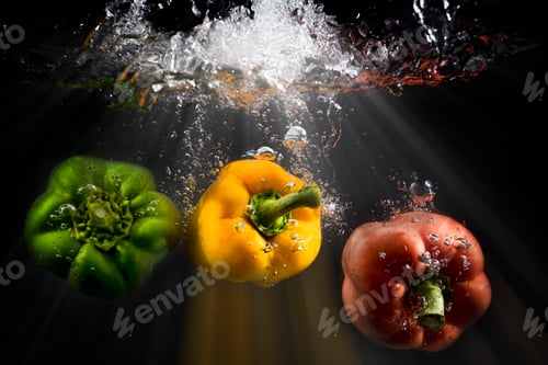 Preview: vegetables splash water on black background