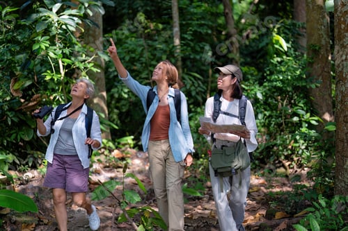 Preview: Backpack tourist travel outdoor adventure bird study using binoculars looking and record to book