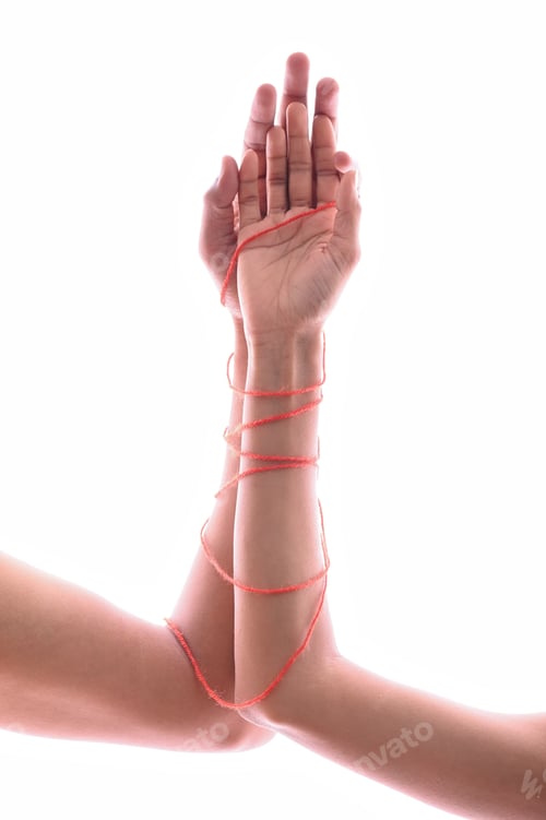 Preview: Male and female hands wrapped in red thread isolated on white, concept of desire and love