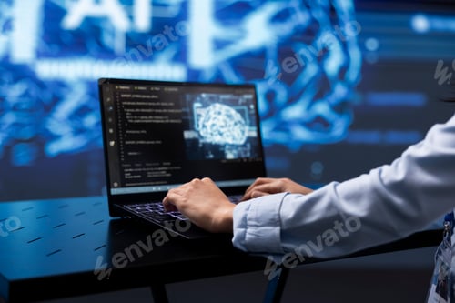 Preview: Close up of worker using artificial intelligence on notebook