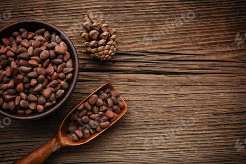 Preview: Siberian pine nuts and needles branch on a wooden table with a place for your text