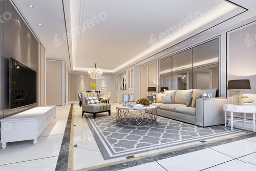 Preview: modern dining room and living room with luxury decor and fabric sofa near mirror