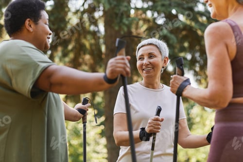Preview: Smiling senior woman with group of friends walking with poles together