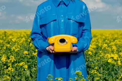 Preview: Ukrainian woman with yellow telephone in rapeseed field in spring time