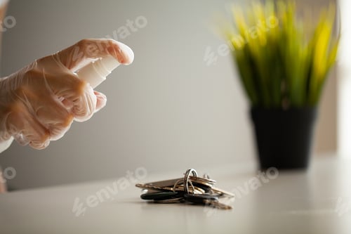 Preview: Woman disinfecting keys with disinfectant on the table