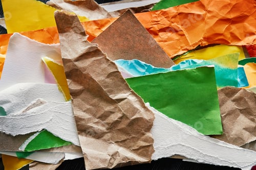 Visualização: Fundo com pedaços de papel colorido rasgado em composição abstrata