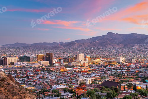 Preview: El Paso, Texas, USA downtown city skyline at dusk with Juarez, Mexico