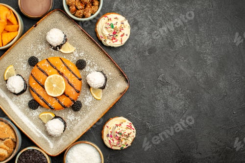 Preview: top view delicious little cake with coconut candies on a dark-grey background cake dessert biscuit