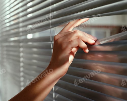 Preview: A woman peeping through venetian blinds