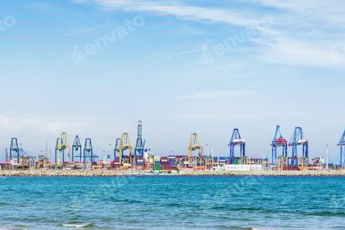 Preview: Harbor With Towering Cranes and Colorful Containers by Sea