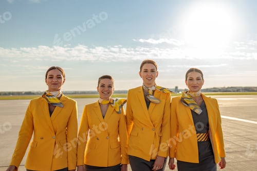 Preview: Cheerful women flight attendants walking outdoors at airfield
