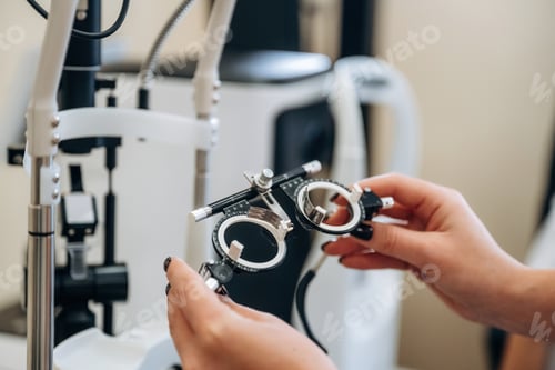 Preview: Close up view of female doctor's hands that are holding ophthalmologist glasses