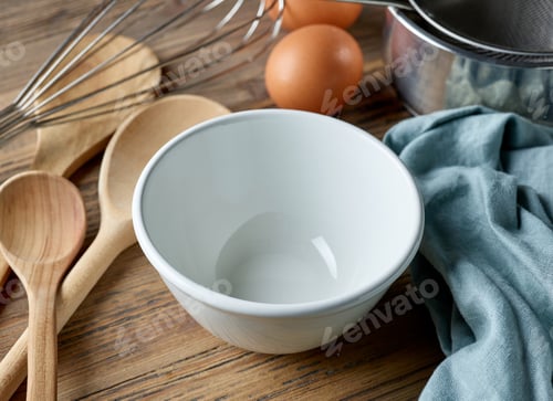 Preview: empty white bowl on wooden table