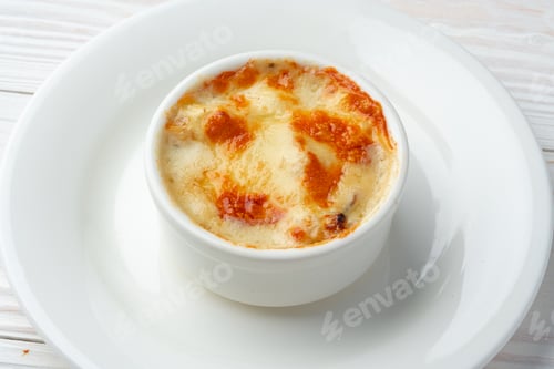 Preview: Baked julienne with mushrooms and cheese on top on white plate