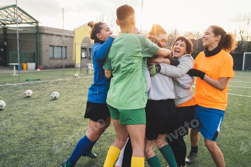 Preview: Football players jubilant and hugging on pitch